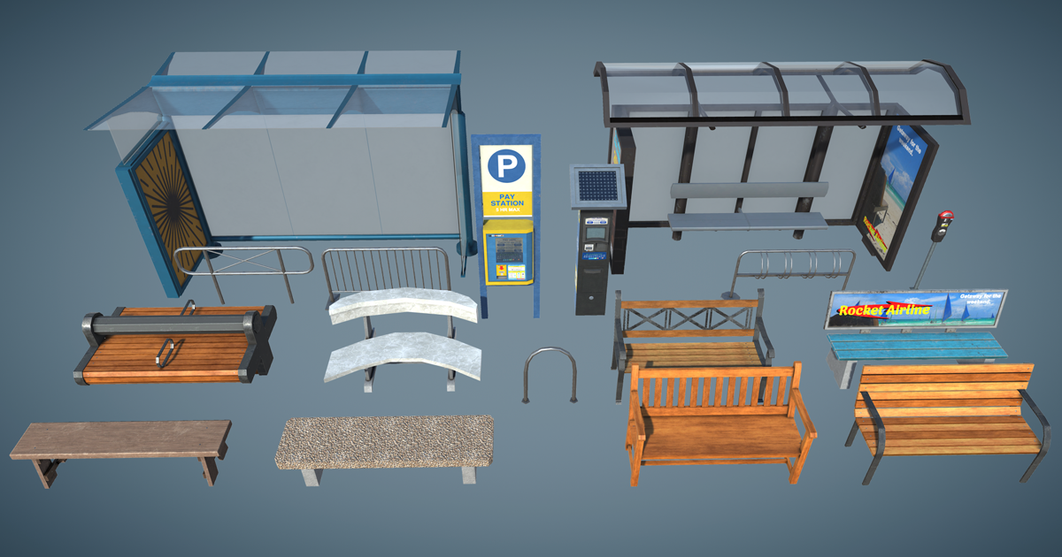 Bus Stop, payparking and Benches | 3D 외부소품 | Unity Asset Store