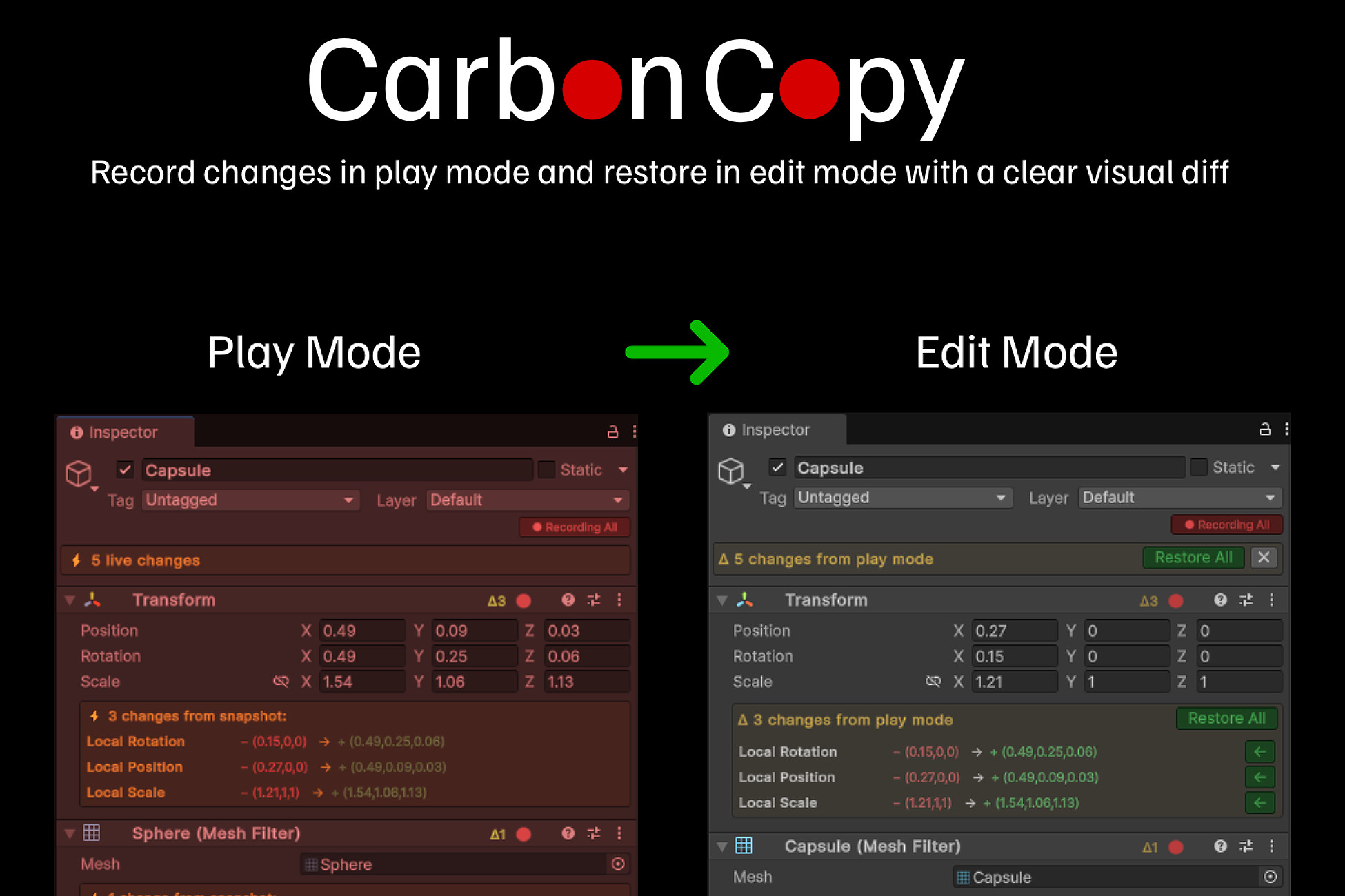 Carbon Copy - Play Mode Diff | Utilities Tools | Unity Asset Store