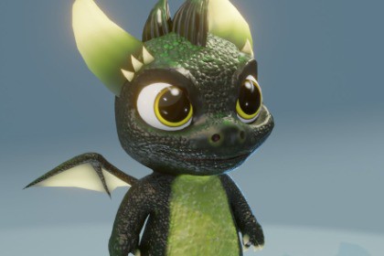 Cartoon Dark Green Baby Dragon 3D Model & 5 Music Tracks & 36 Sound Effects
