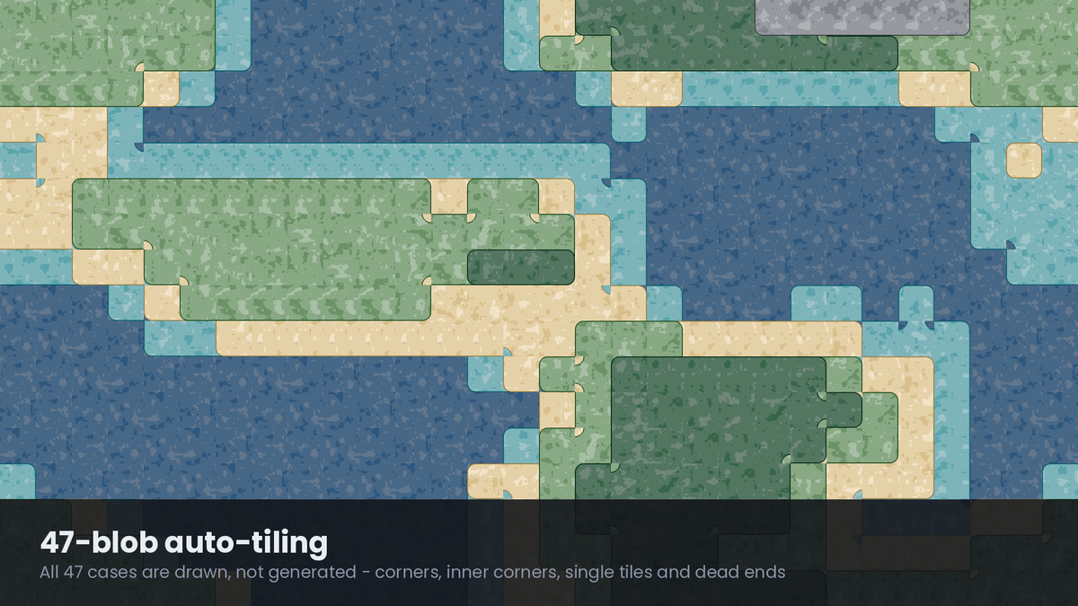 804 Top-Down Tiles - 47-Blob Auto-Tiling, 12 Terrains