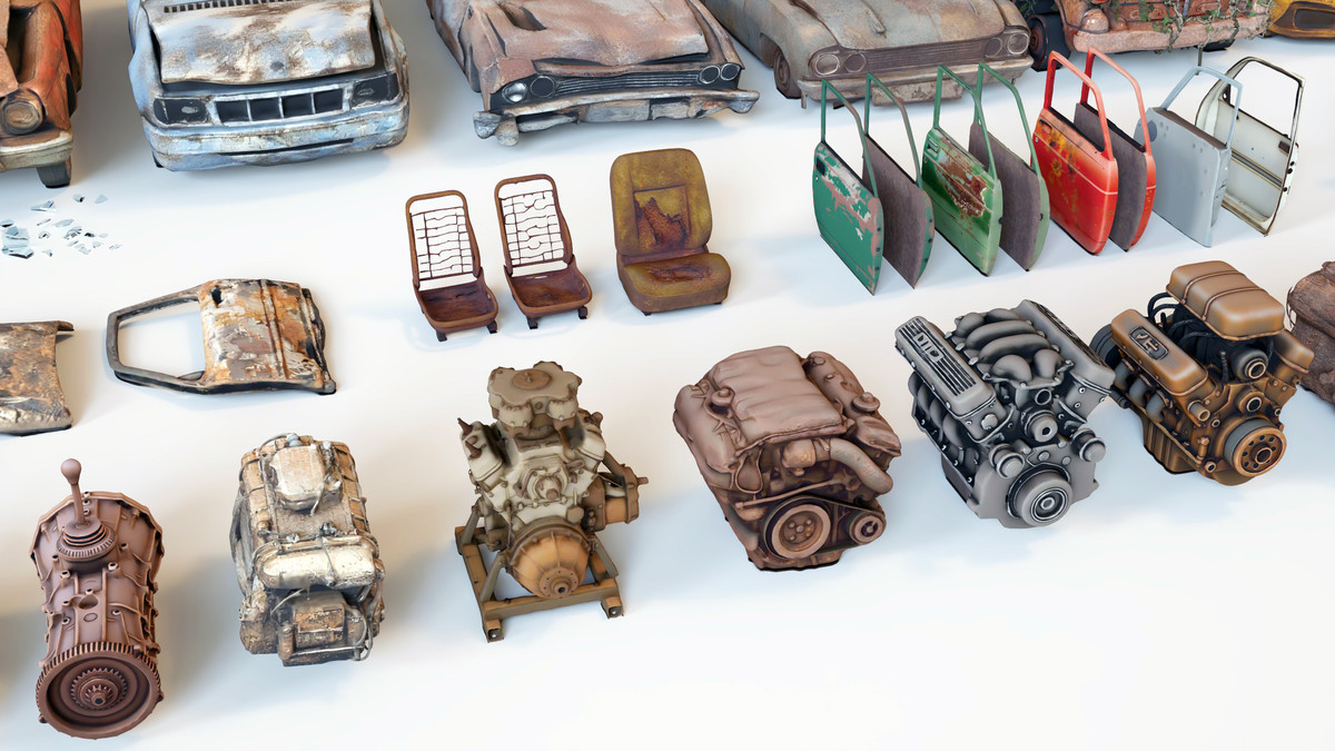 Old Abandoned Junk Rusty Vehicles 3d Game Ready Set (Car, Bus, Motorcycle, Bike)