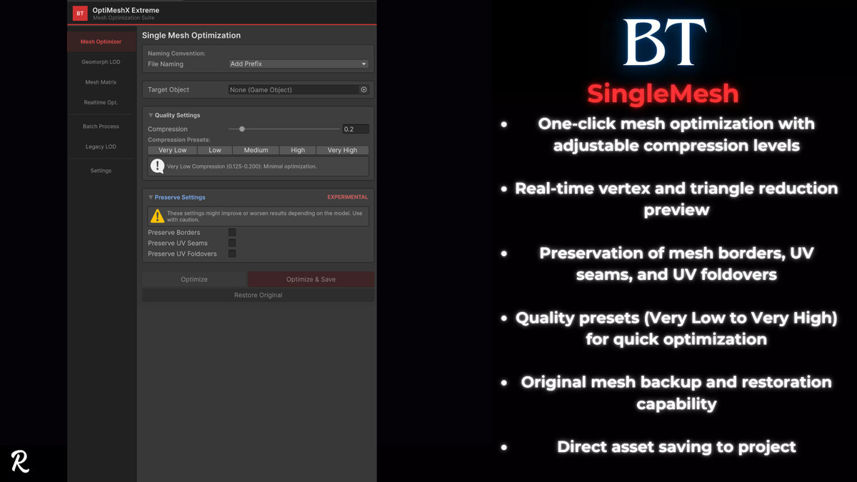 BT-OptiMeshX Extreme: Realtime Mesh Optimization, Geomorph LOD & Mesh Matrix