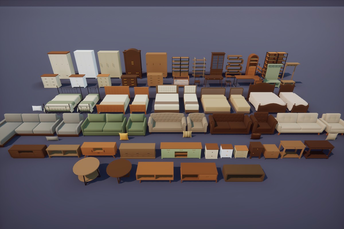 Low Poly Cartoon House Interior & Exterior