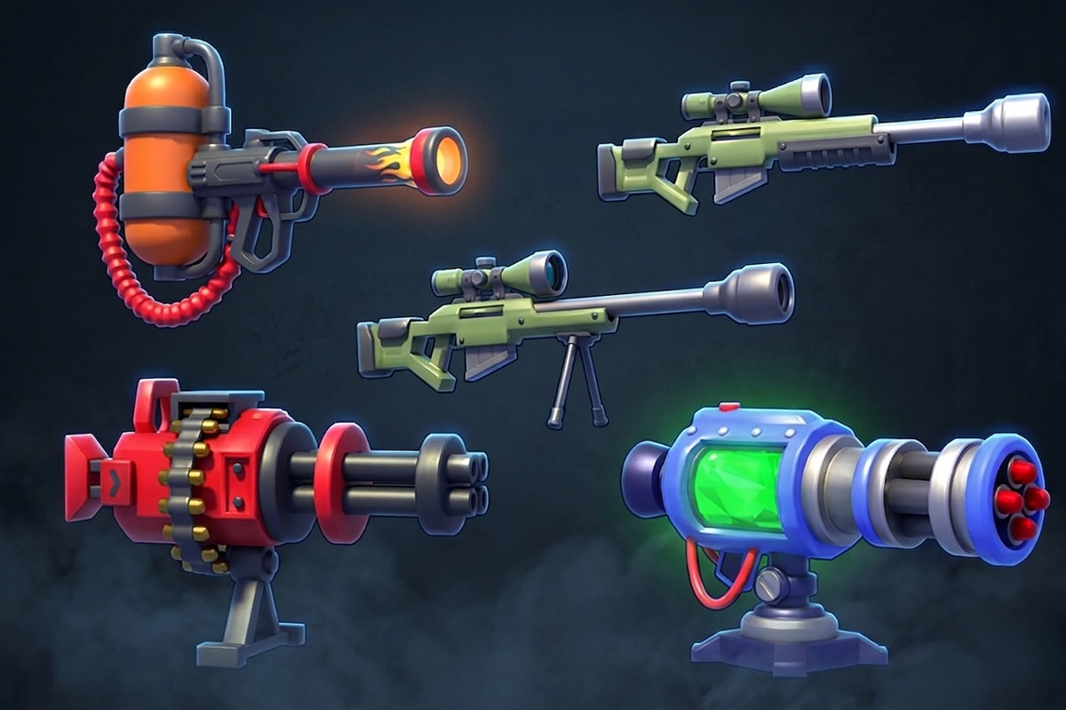 Realistic FPS Weapon & Turret Pack – Flamethrower, Gatling, Sniper with Bullets