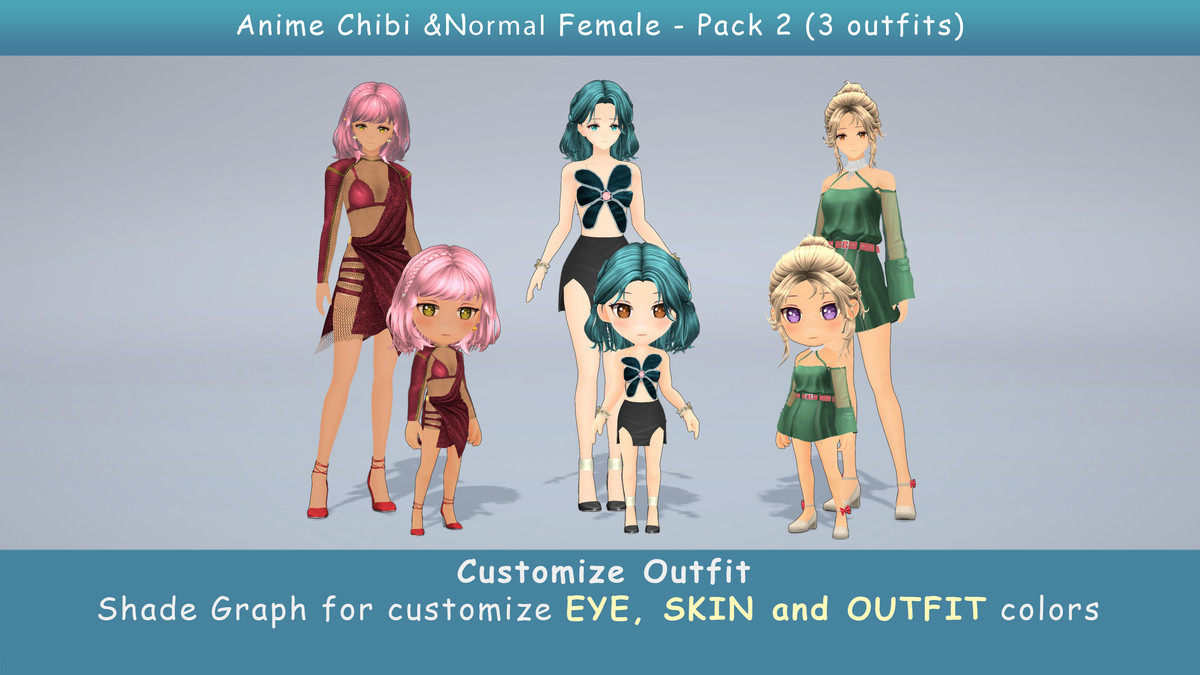 Modular Anime Female Character - Combo 2 (3 outfit)