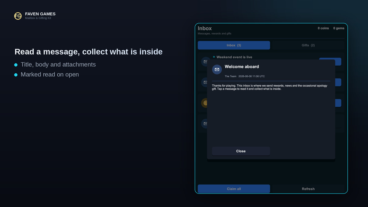 Mailbox & Gifting Kit: In-Game Inbox, Reward Delivery & Player Gifting
