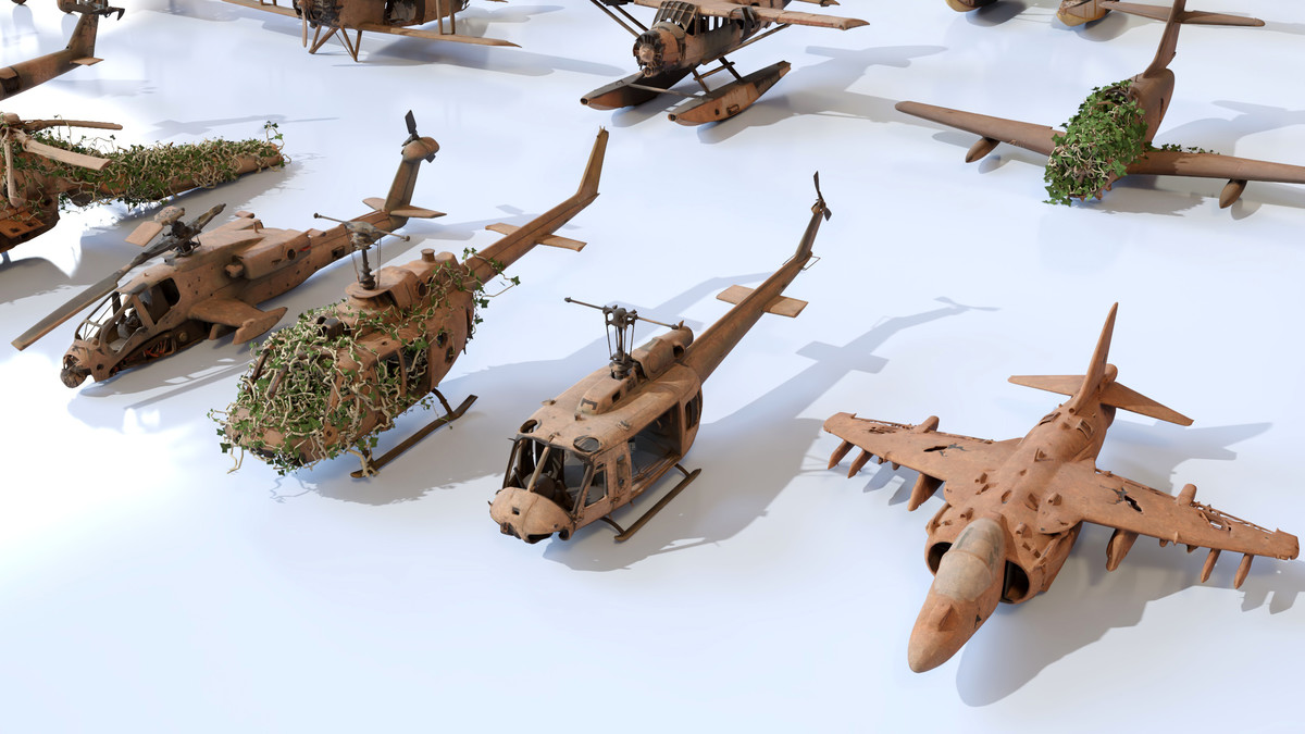 Old Abandoned Junk Rusty Aircraft and Helicopter Set 3d Game Ready Modular Props