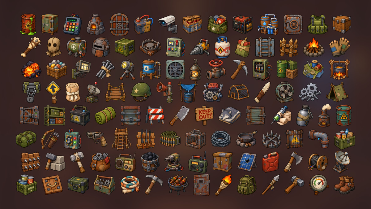 Post-Apocalyptic Survival Scavenging Crafting Resources Icons Pack