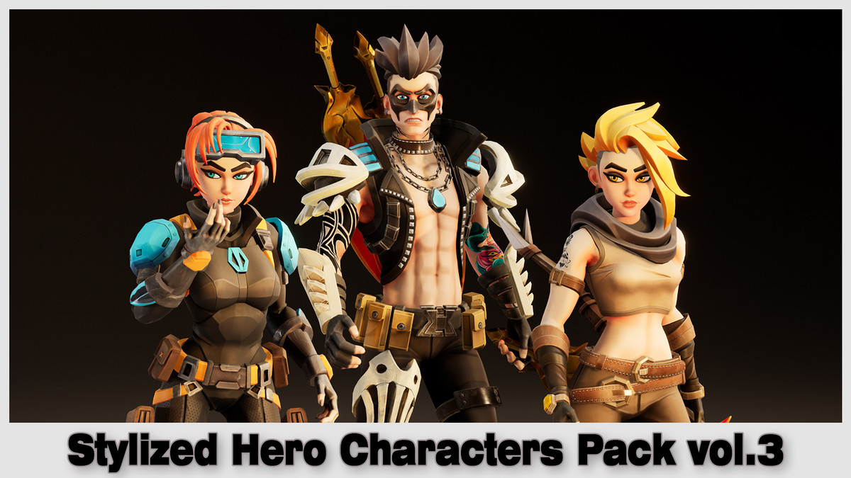 Stylized Hero Characters Pack vol.3 – 3 Game-Ready Heroes (9 Skins)