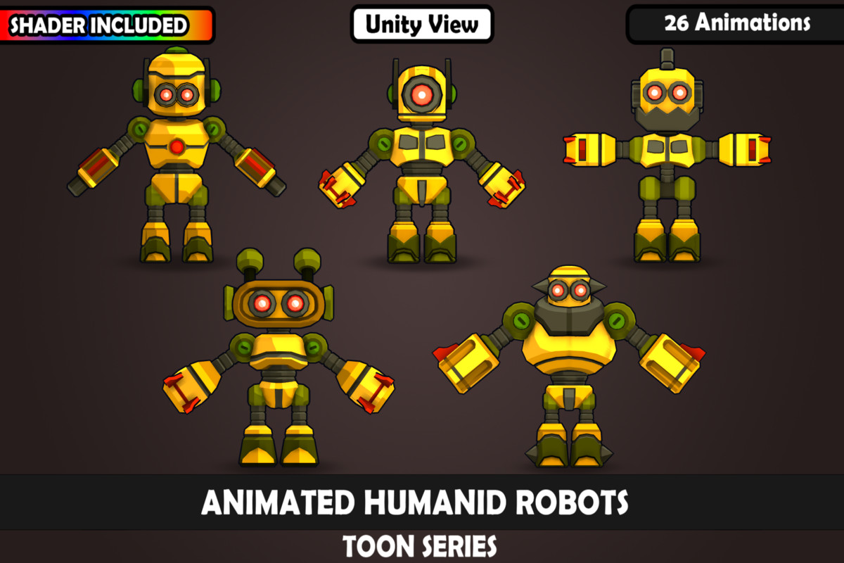 V1 Animated Toon Humanoid Robot Charcaters : 5 Characters, 26 Animations, Matcap