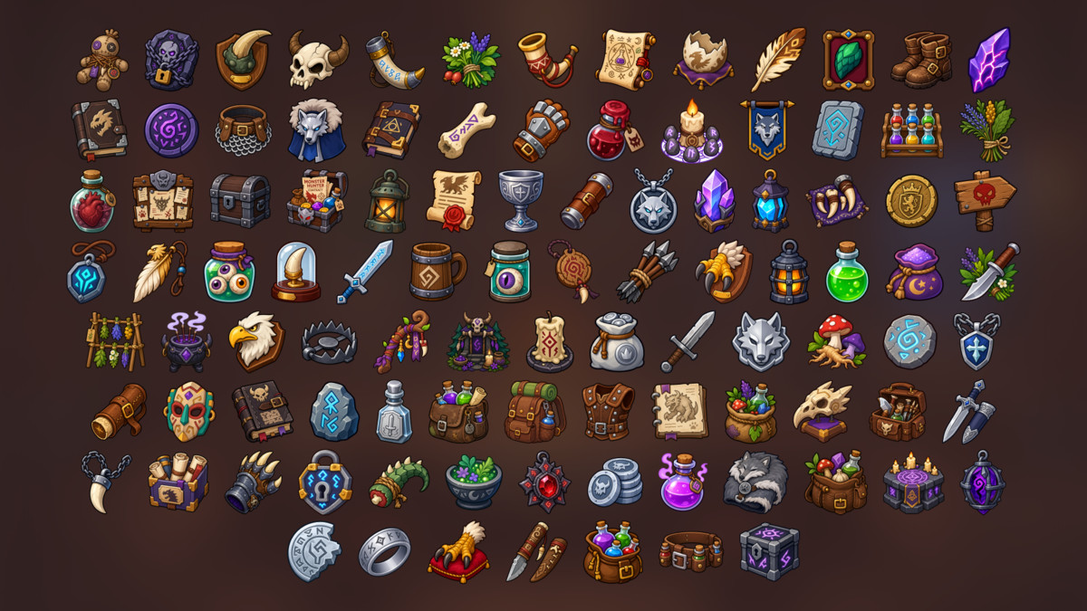 Monster Hunting Fantasy Alchemy Trophies Bestiary Icons Pack