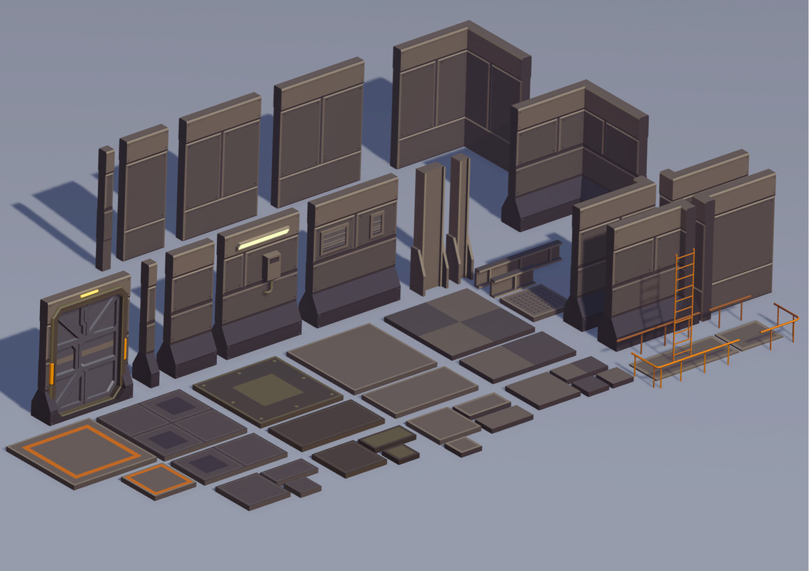 Low Poly Sci-Fi Hangar 90+ Cosmic Retro Props & Environment