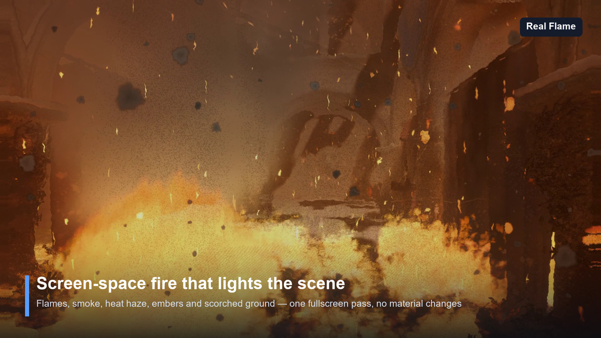 Real Flame — Screen-Space Fire, Heat Haze, Embers, Smoke & Scorched Surfaces