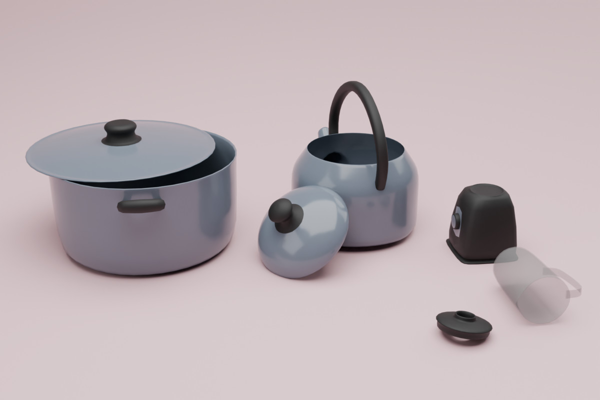 3D – Kitchen set: Forks, spoons, pots, and much more.