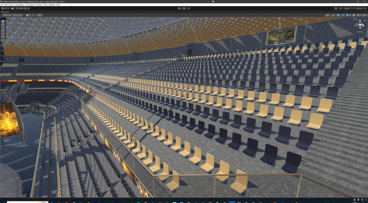 Golden Concert Arena Stadium 3D Model - Futuristic Environment with Stage, Props