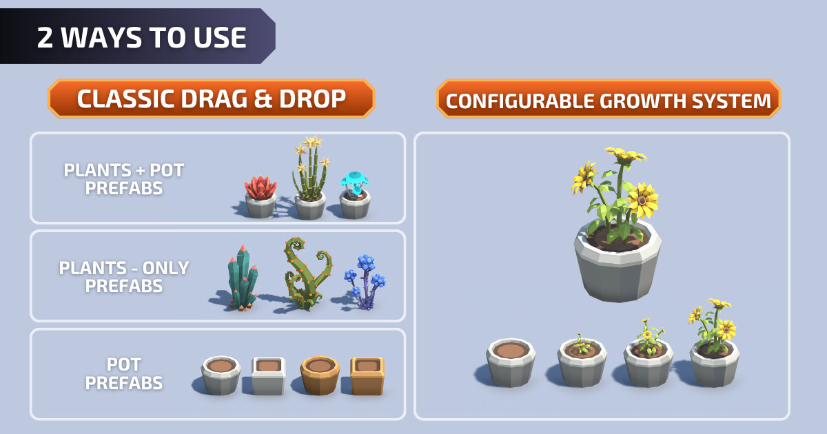 Low Poly Plants & Pots Pack with Growth System / Cosmic Retro