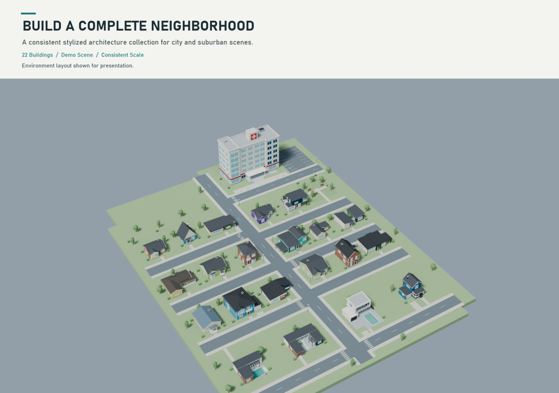 Stylized Neighborhood - 22 Low Poly Buildings