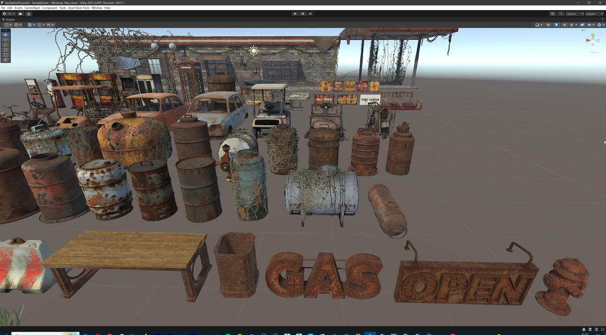 Post-Apocalyptic Junkyard Rusty Gas Station Props Pack (217 3d assets)