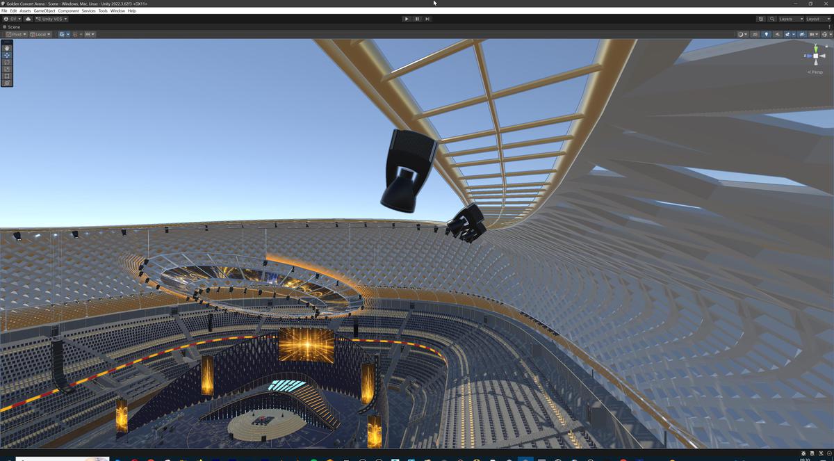 Golden Concert Arena Stadium 3D Model - Futuristic Environment with Stage, Props