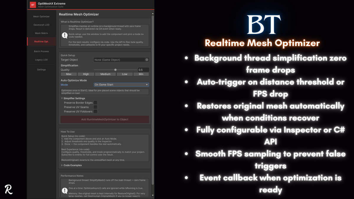 BT-OptiMeshX Extreme: Realtime Mesh Optimization, Geomorph LOD & Mesh Matrix