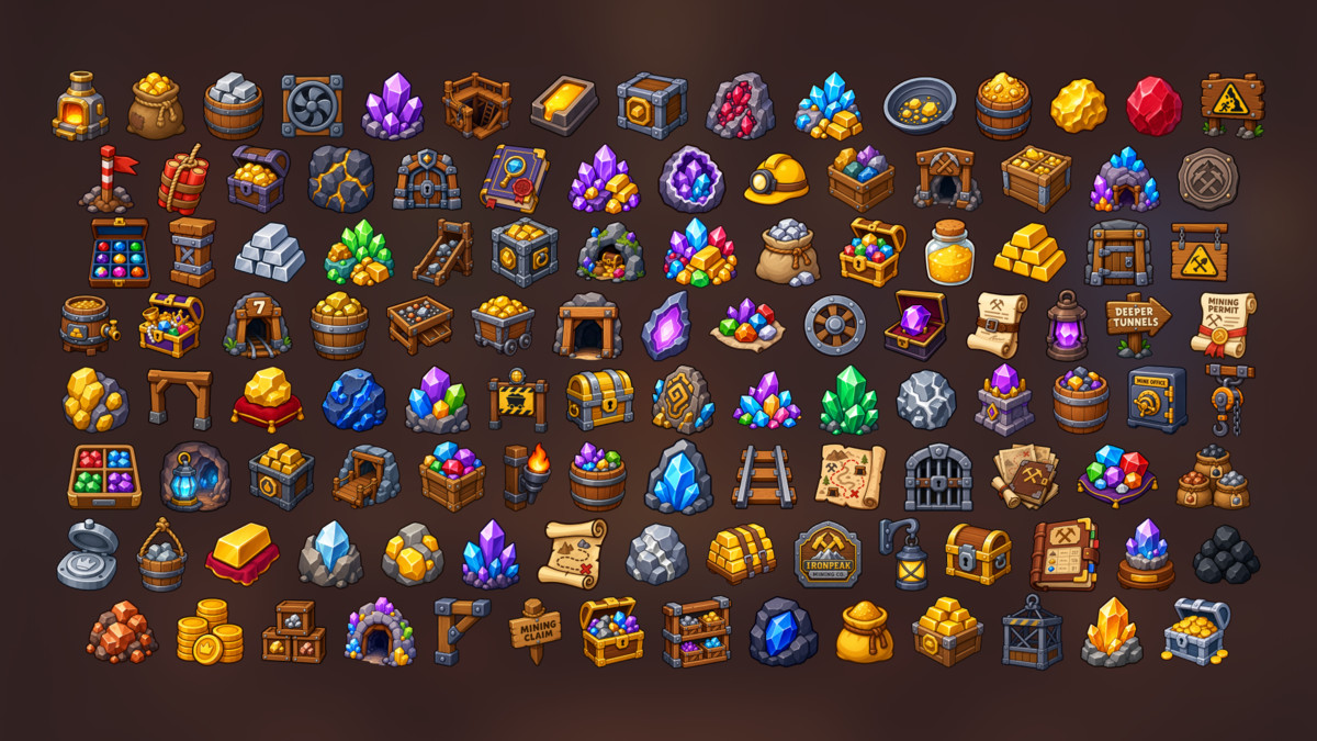 Mining Gems Crystals Gold Ore Resources Crafting Icons Pack