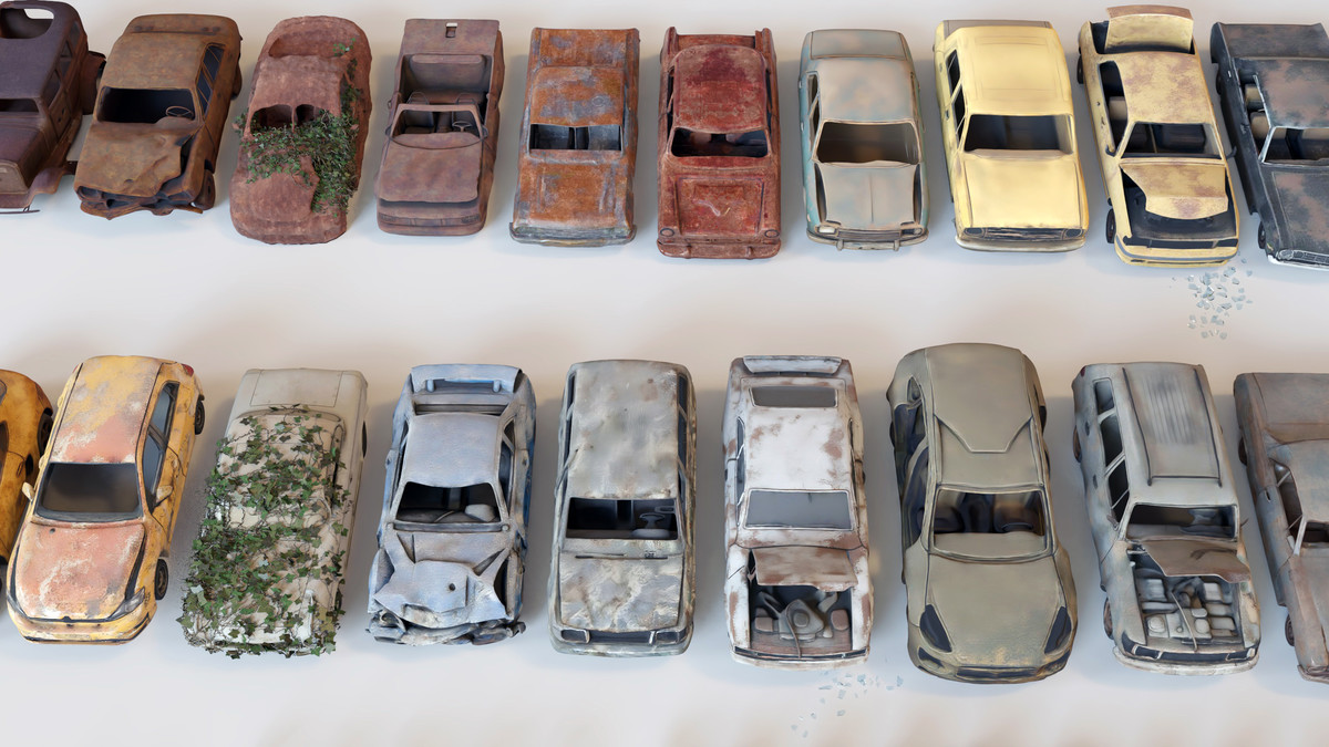 Old Abandoned Junk Rusty Vehicles 3d Game Ready Set (Car, Bus, Motorcycle, Bike)