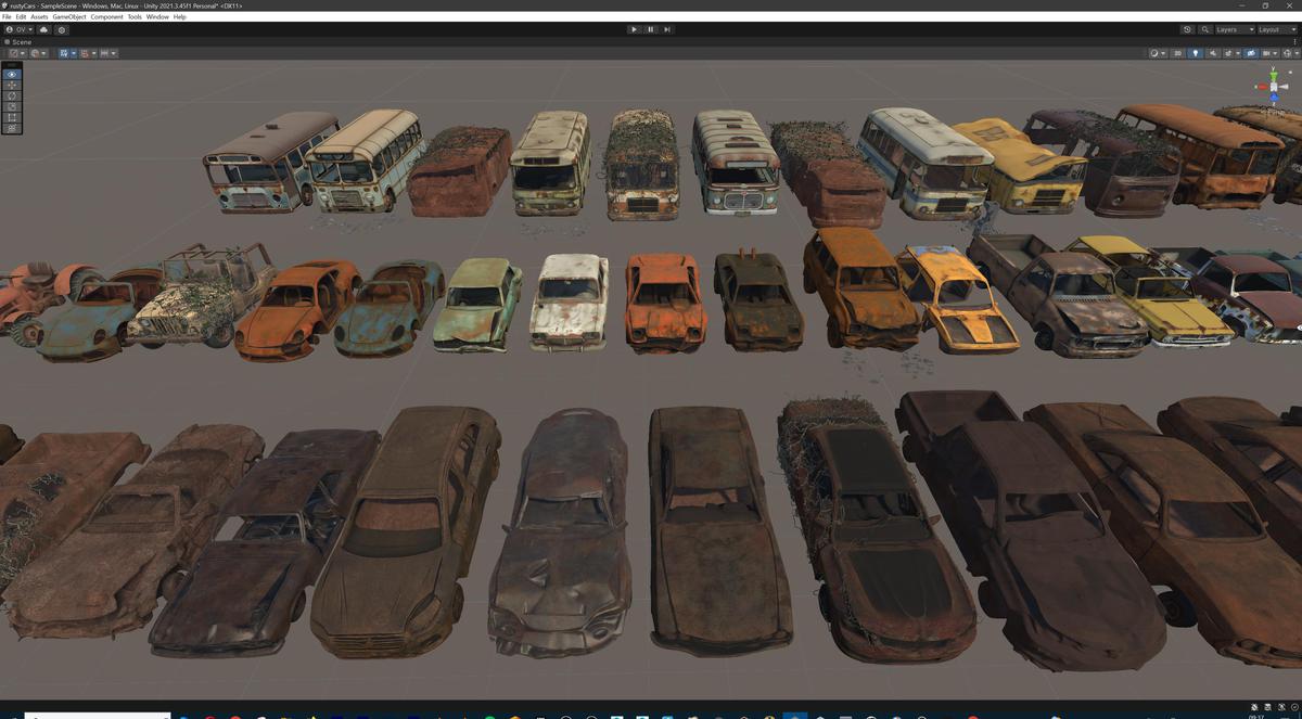 Old Abandoned Junk Rusty Vehicles 3d Game Ready Set (Car, Bus, Motorcycle, Bike)
