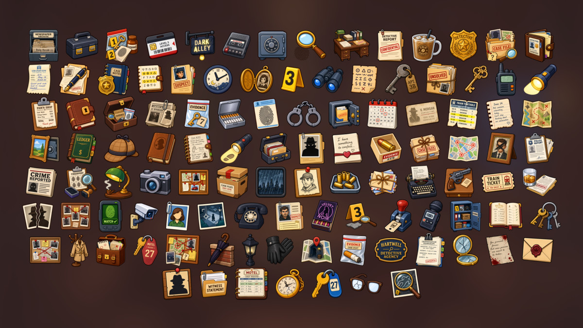 Detective Mystery Investigation Evidence Crime Case Files Icons Pack