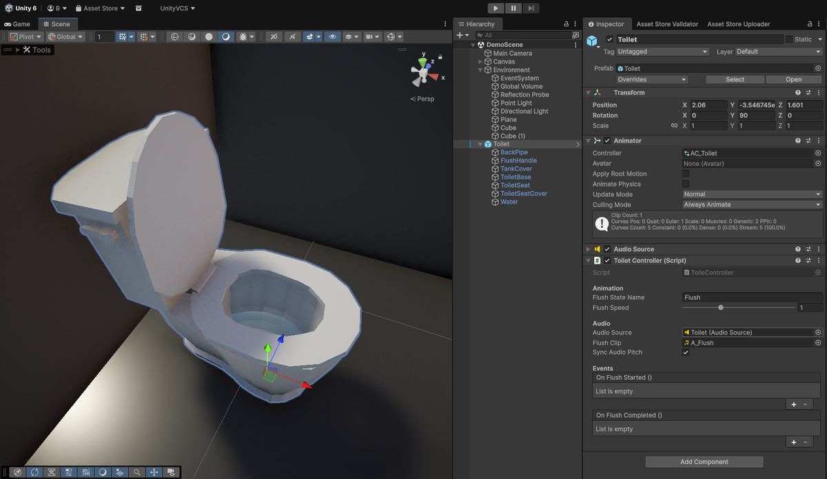Functional Low Poly Toilet (Animated Flush + Water)