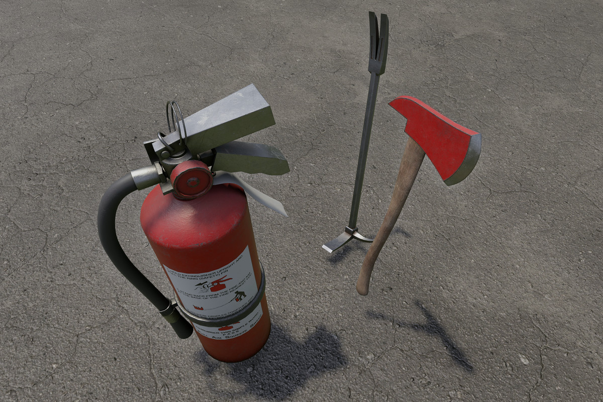 Fire Extinguisher, Crowbar & Fire Axe