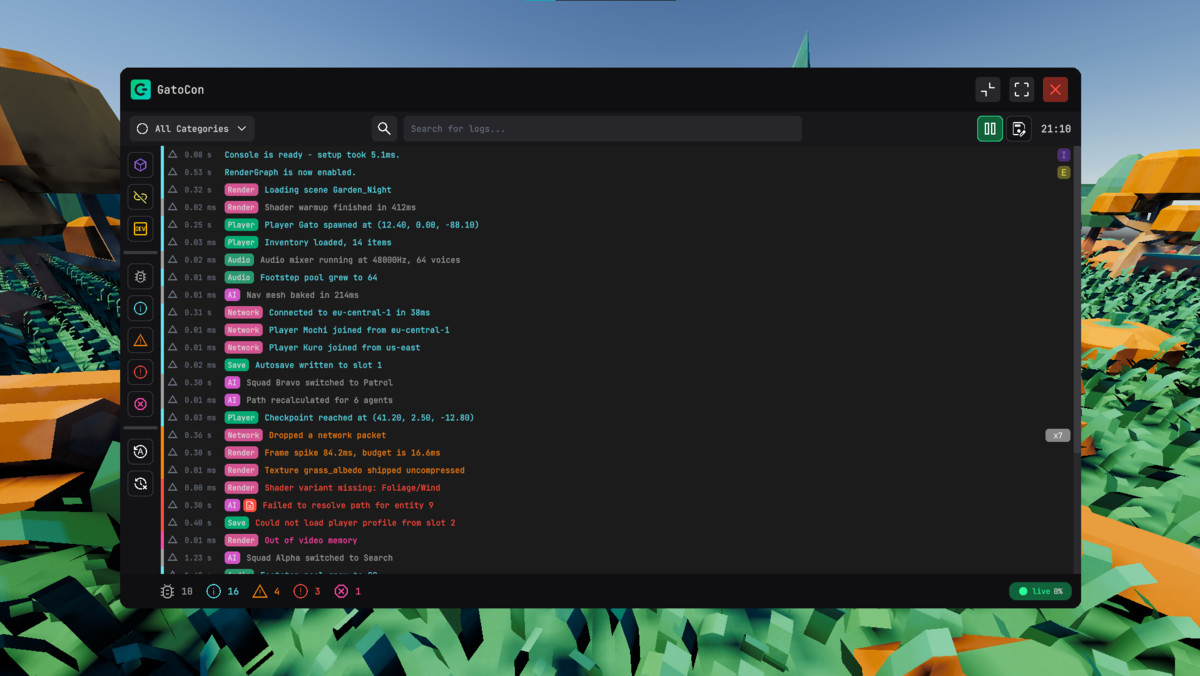 GatoCon - Runtime Debug Console & Structured Logging