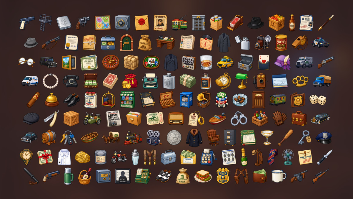 Prohibition Era Crime Mafia Detective Vintage City Icons Pack