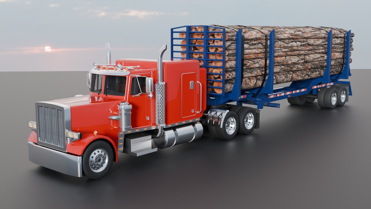 American Semi Truck + Logging Trailer | Interior, Modular, 4 Wood Log | PBR
