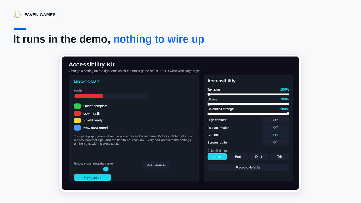 Accessibility Kit: Captions, Colorblind, Text Scaling & Remap