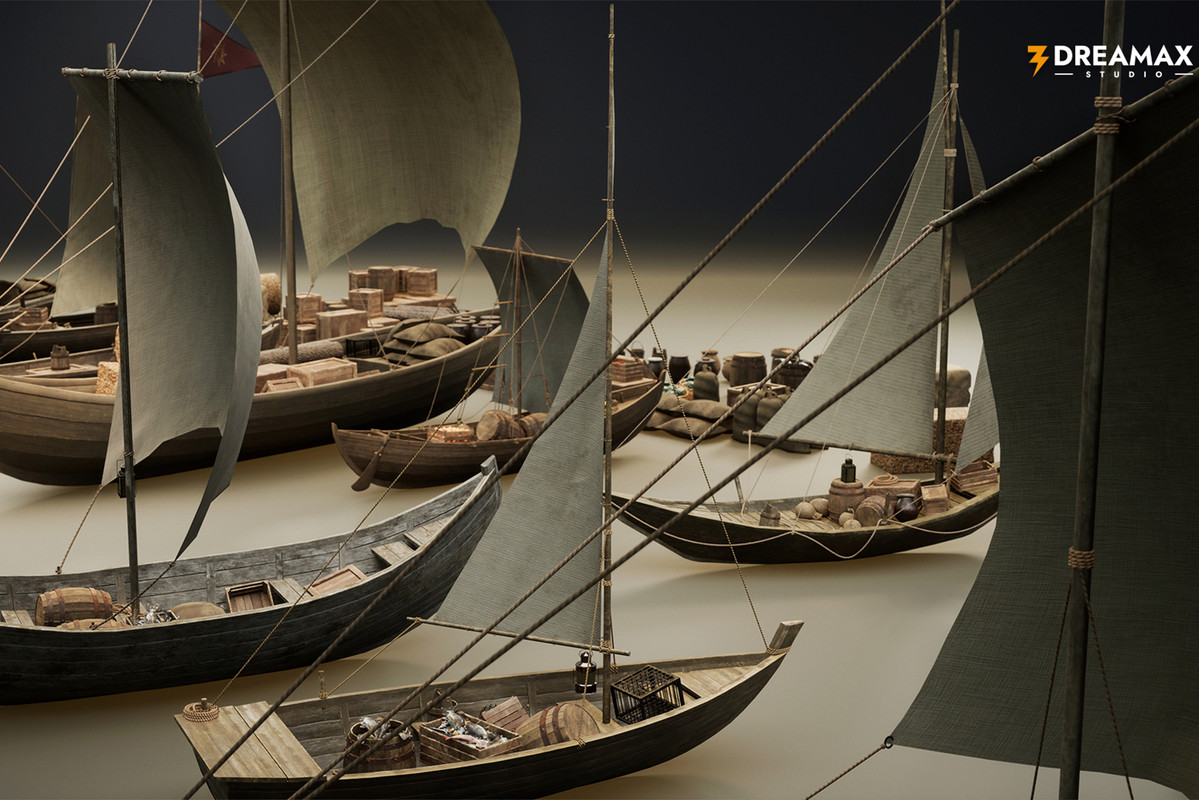Medieval Sailing Boats & Harbor Market Props Pack – Cargo, Market & Dock Assets