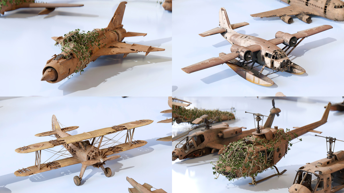 Old Abandoned Junk Rusty Aircraft and Helicopter Set 3d Game Ready Modular Props
