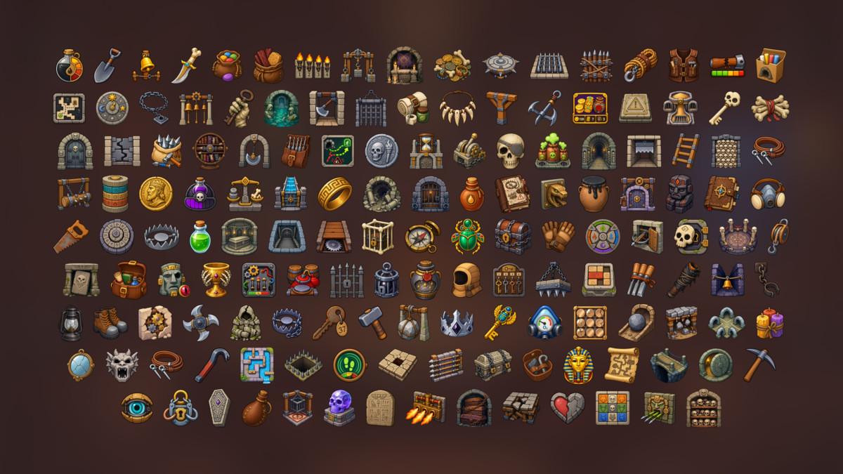 Dungeon Traps Puzzle Mechanisms Ancient Tomb Escape Room Icons Pack