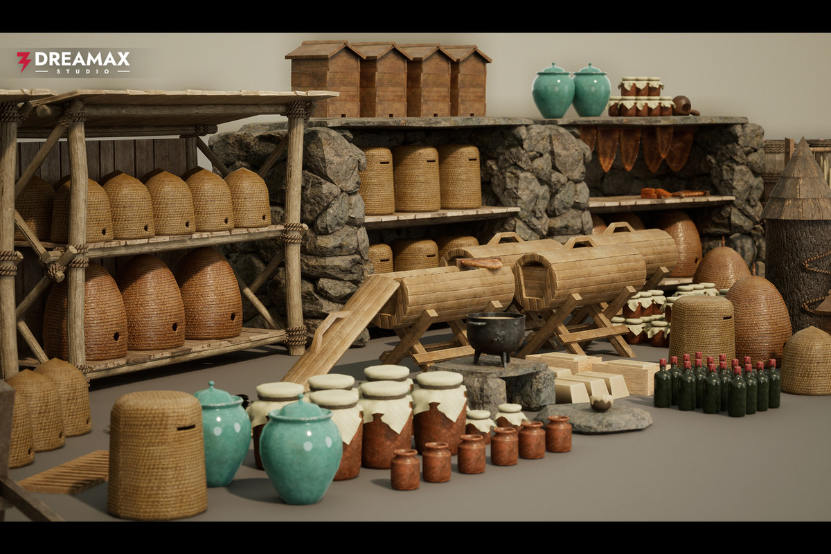 Medieval Beekeeping Props - Apiary, Skep Hives, Honey & Mead Production Vol. 1