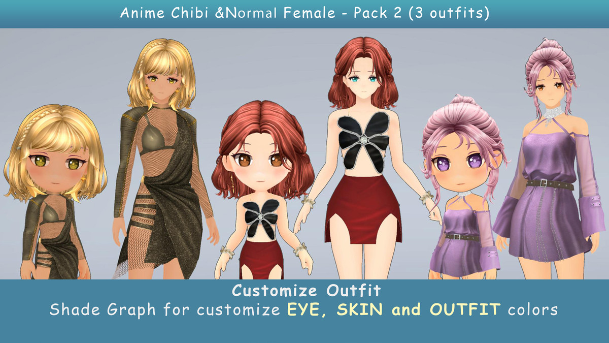 Modular Anime Female Character - Combo 2 (3 outfit)
