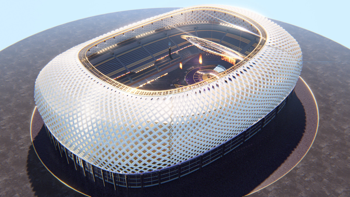 Golden Concert Arena Stadium 3D Model - Futuristic Environment with Stage, Props