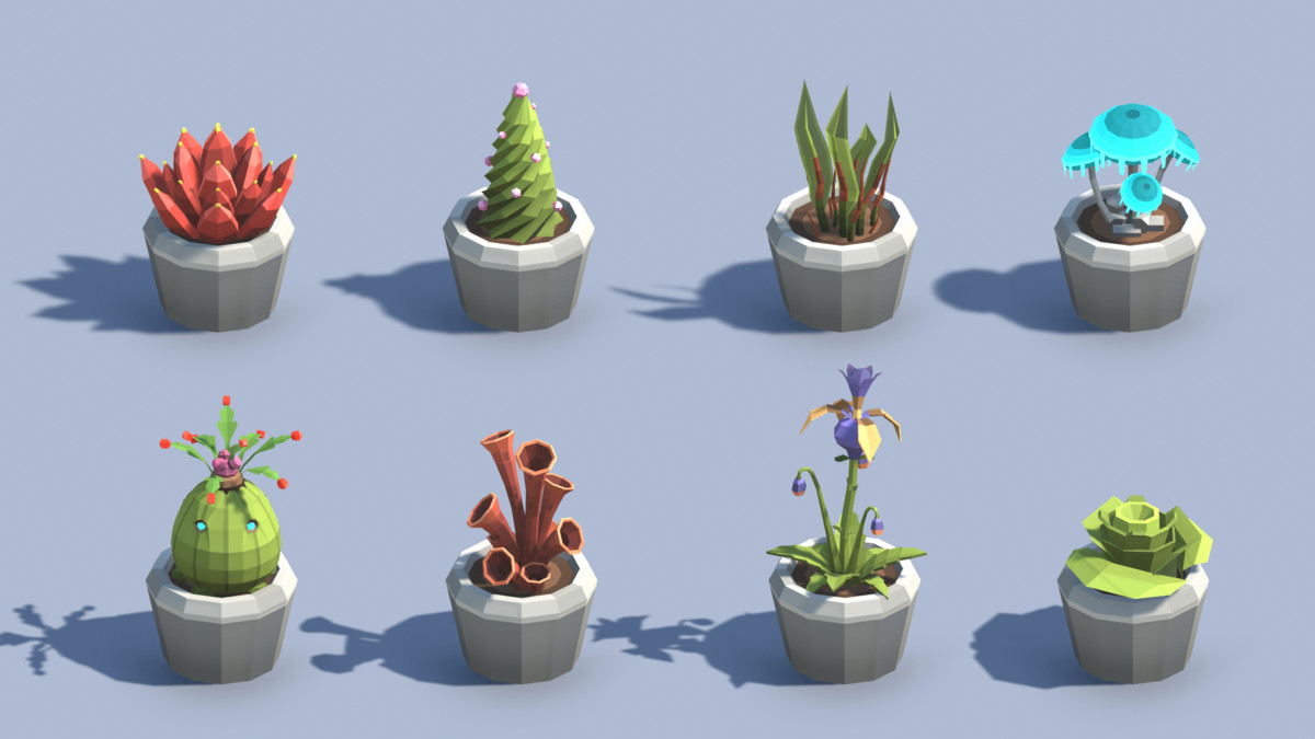 Low Poly Plants & Pots Pack with Growth System / Cosmic Retro