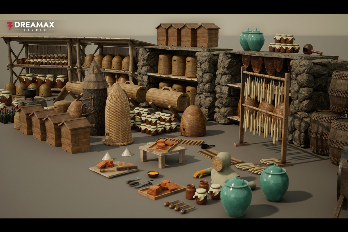 Medieval Beekeeping Props - Apiary, Skep Hives, Honey & Mead Production Vol. 1