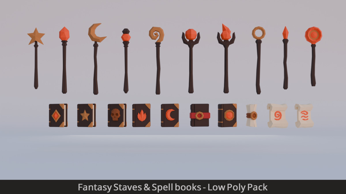 Fantasy Staves & Spell books - Low Poly Pack