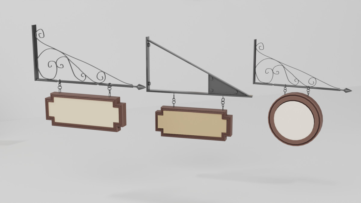 Hanging shop signs and brackets from the medieval signage pack