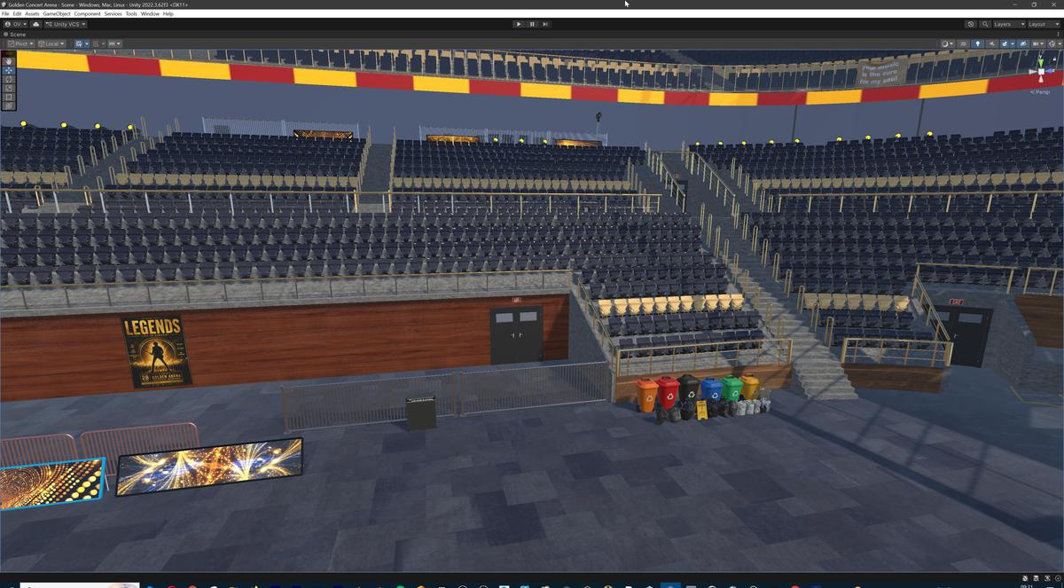 Golden Concert Arena Stadium 3D Model - Futuristic Environment with Stage, Props