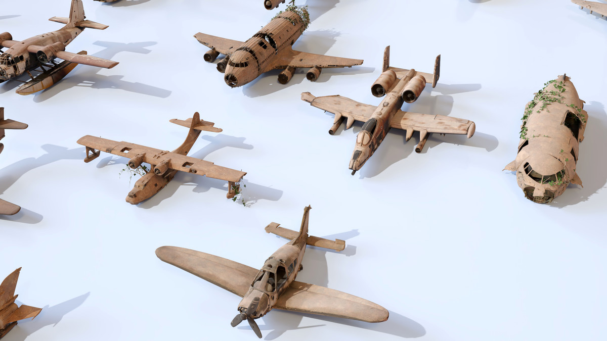 Old Abandoned Junk Rusty Aircraft and Helicopter Set 3d Game Ready Modular Props