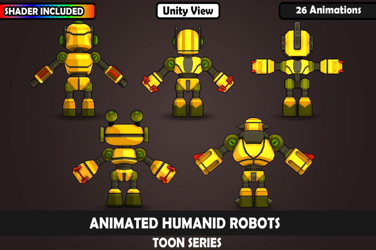 V1 Animated Toon Humanoid Robot Charcaters : 5 Characters, 26 Animations, Matcap