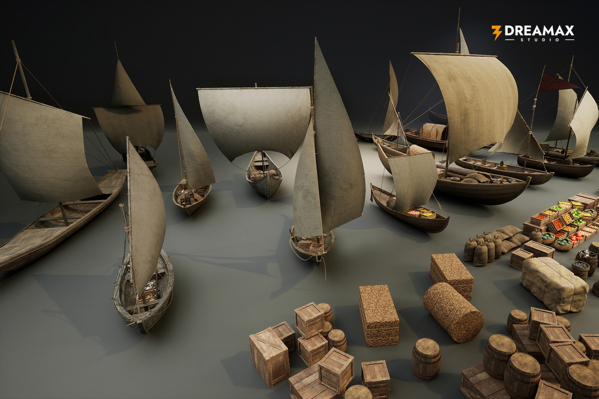 Medieval Sailing Boats & Harbor Market Props Pack – Cargo, Market & Dock Assets