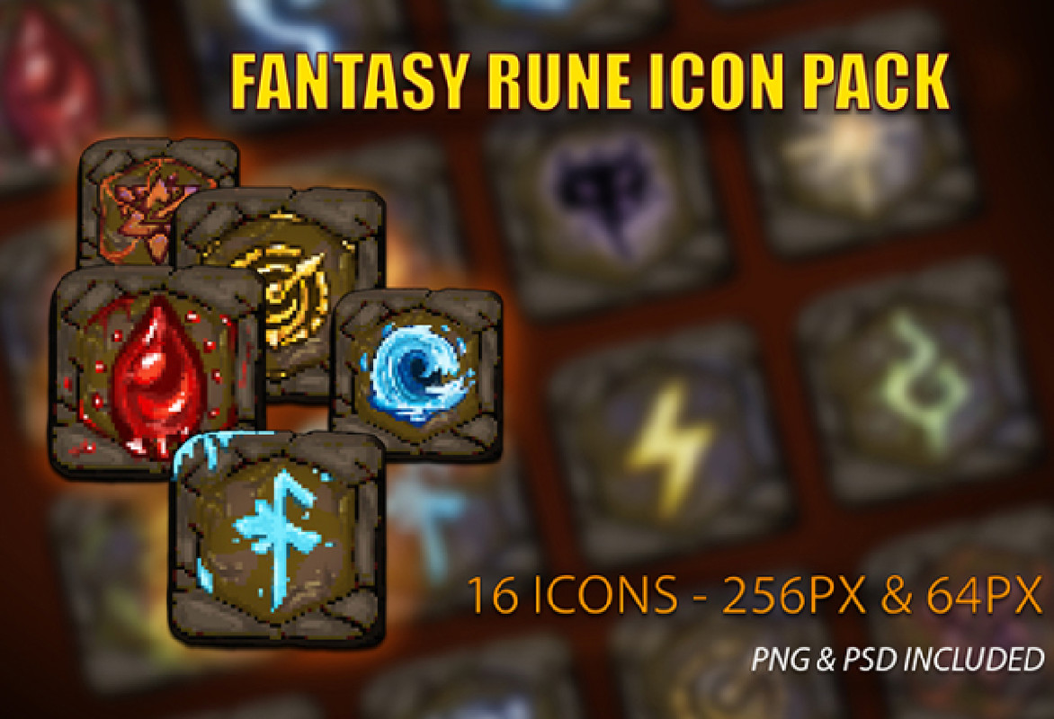 Fantasy Rune Icon Pack – 16 RPG Icons (256px / 64px PNG + PSD)