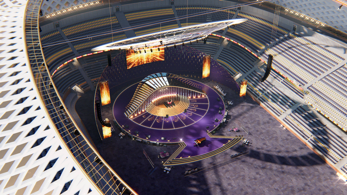 Golden Concert Arena Stadium 3D Model - Futuristic Environment with Stage, Props
